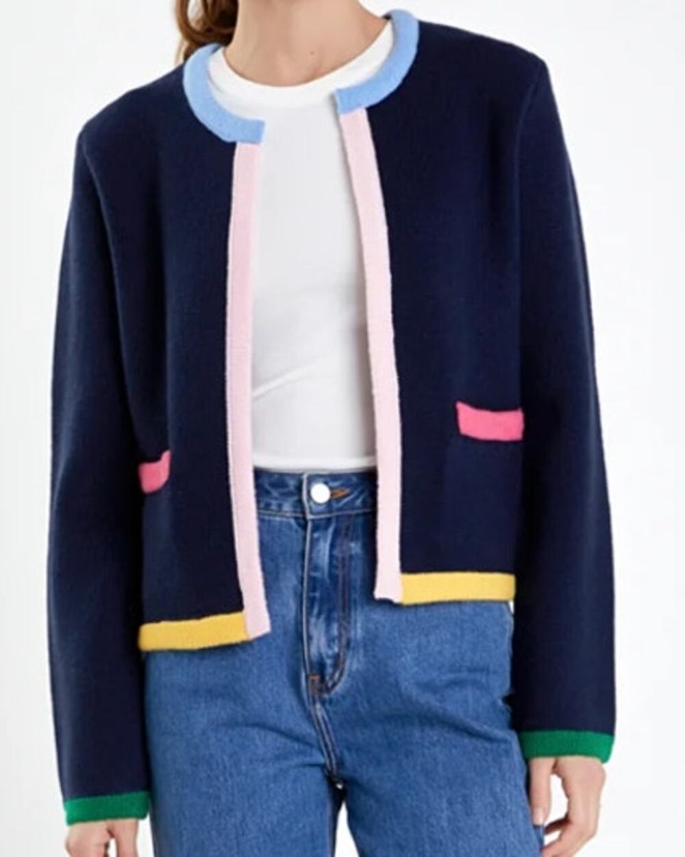 EUC English Factory Navy Pastel Colorblock Open Cardigan Sz M